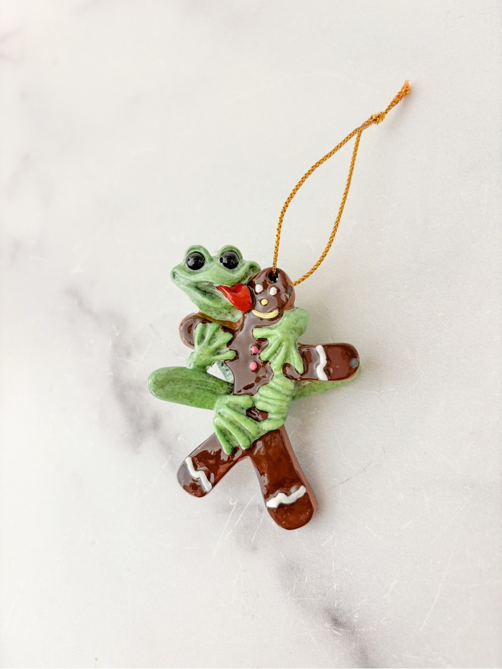 Kitty’s Critters Yummy Green Frog Hugging Gingerbread Holiday Ornament
